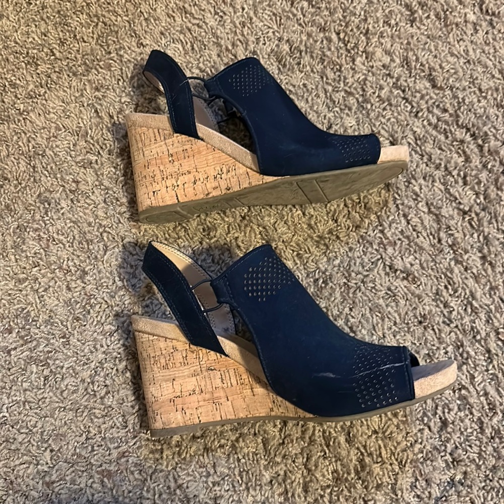 Wedge Sandals blue vegan suede.